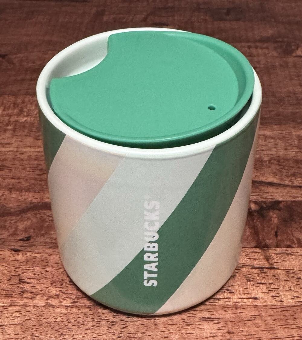 Starbucks Holiday 2022 Ceramic Tumbler Swivel Close Lid 8 oz Green White Striped